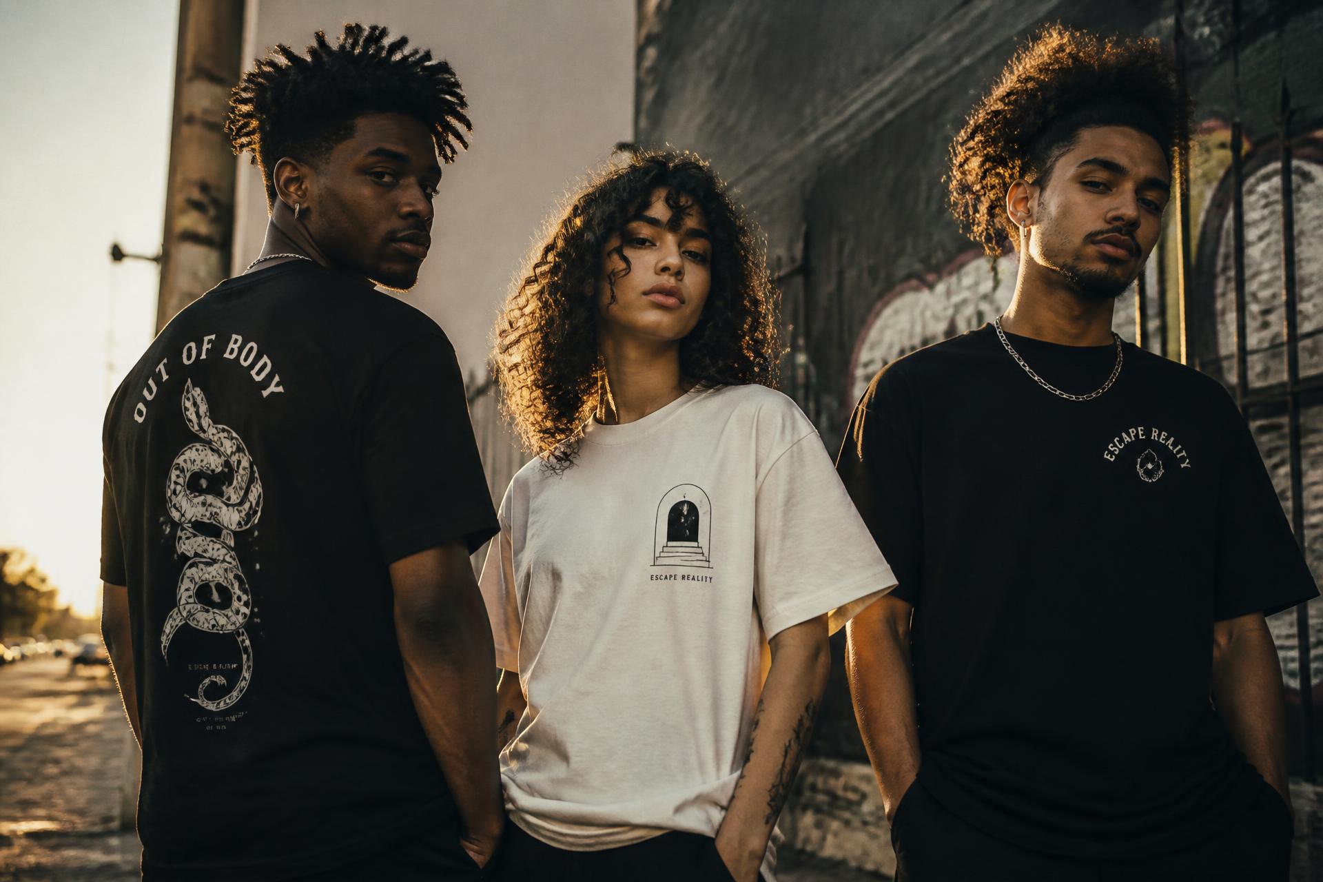 Three people wearing Can of Corn graphic T-shirts in an urban alley at golden hour
